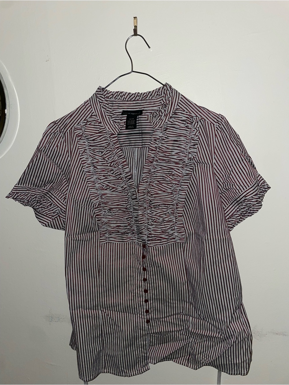 Lane Bryant Pink and Black Striped Ruffle Front Blouse